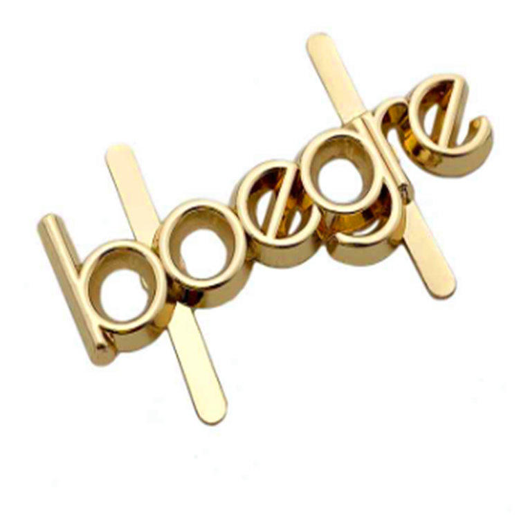 Gouden op maat gemaakte letterlogo-tand op metalen achterkant voor tas