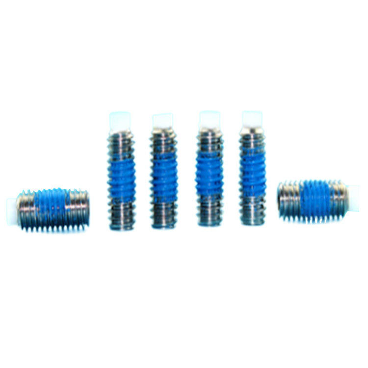 Roestvrijstalen stelschroef met nylon binnenzeskant en blauwe nylon patch Roestvrijstalen stelschroef met nylon binnenzeskant en blauwe nylon patch